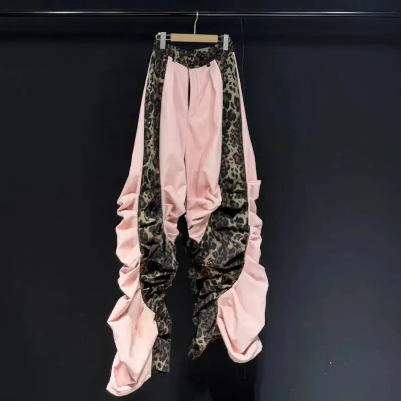 Fashion Leopard Print Splicing Men's Casual Pants Mid Waist Full Length Loose Pant 2026 Spring New  Clothing XS12