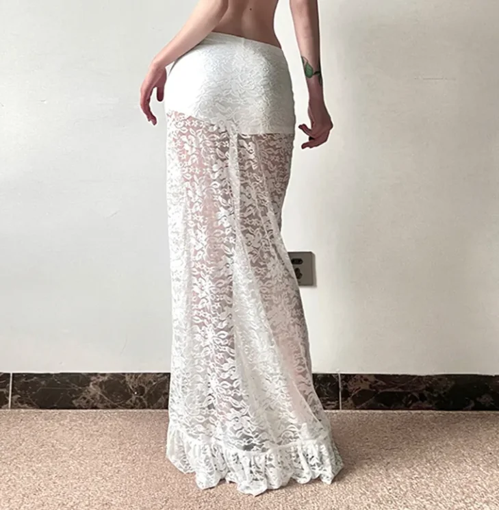 Mesh Lace Patchwork Split Skirt for Women In Summer, Sexy High Waist Slim Fit Semi Transparent Lace Pure Desire Style Skirt