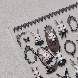 5D Relief Vivid Earl Rabbit White Pearl Black Bow Lace Butterfly Floral Frame Adhesive Nail Art Stickers Decals Manicure Charms