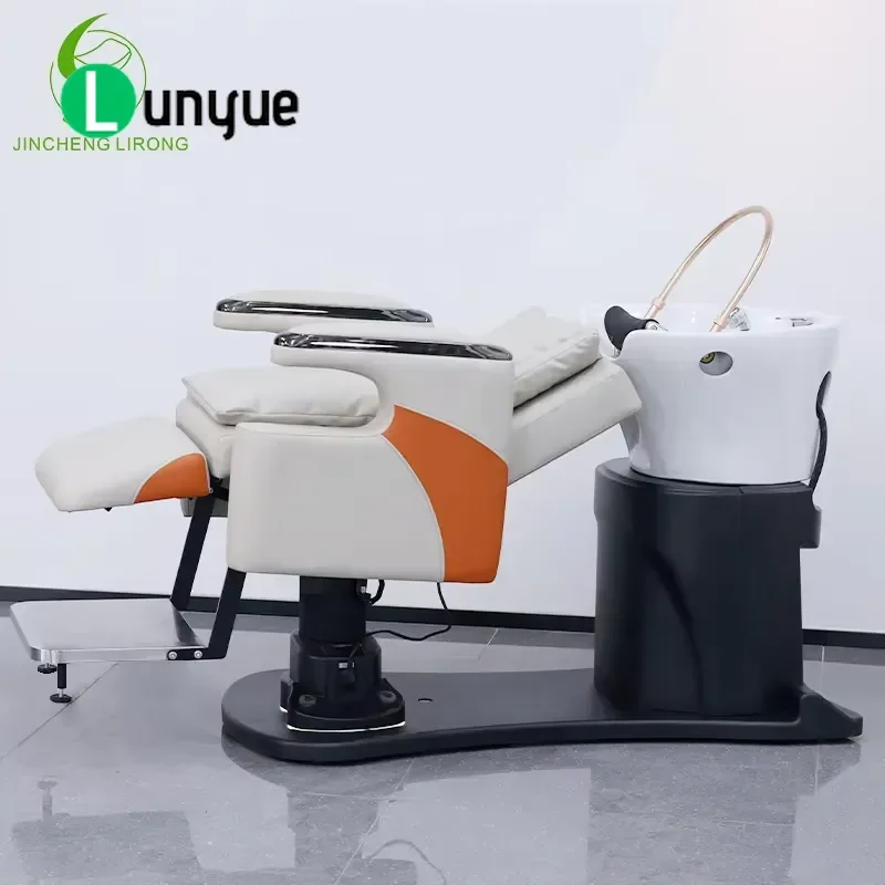 Adjustable Stainless Steel Shampoo Bed with Ceramic Basin Height Backrest Leg Rest for Spa Hair Washing Equipment