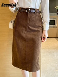 Seoulish Autumn Winter Corduroy Pencil Skirts Womens with Belted 2022 New High Waist Back Split Office Female Sheath Wrap Skirts