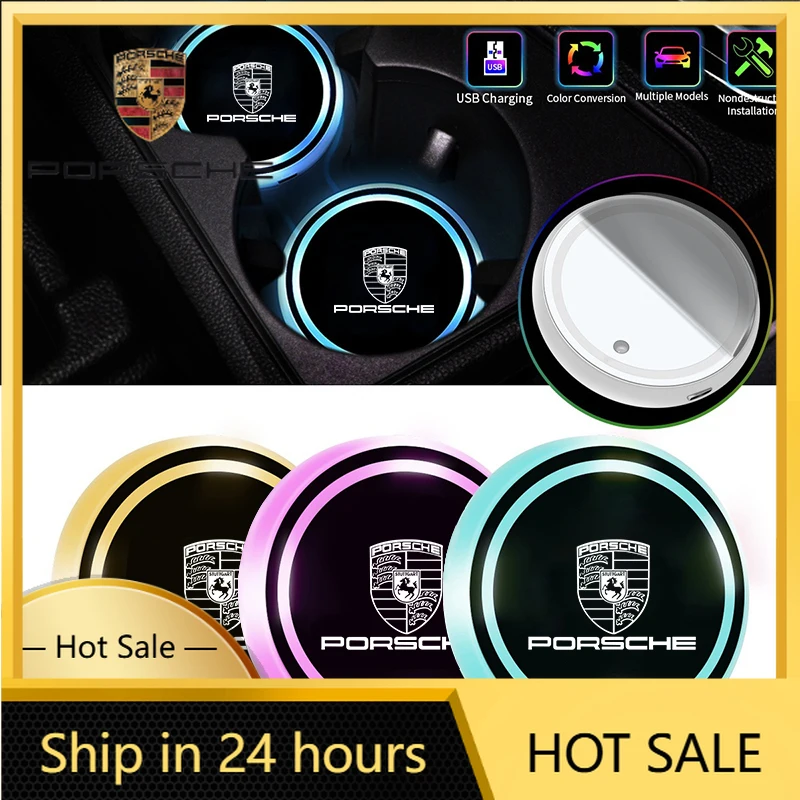 

Для Porsche Cayenne Panamera Macan 911: 2 шт. светодиодных атмосферных светильников, подставки для стаканов, 7 цветов, USB-зарядка.