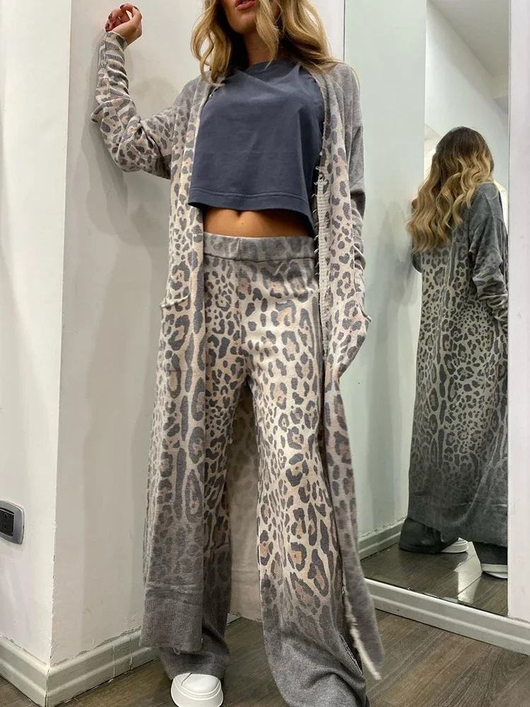 Spring Women\'s Long sleeved Casual Style Polyester Material 2024 New Fashion Leopard Pattern Cardigan Coat Long Pants Set