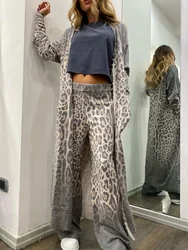 Conjunto de cardigã estilo casual de manga comprida feminino, material poliéster, casaco padrão leopardo, calças compridas, nova moda, primavera, 2024