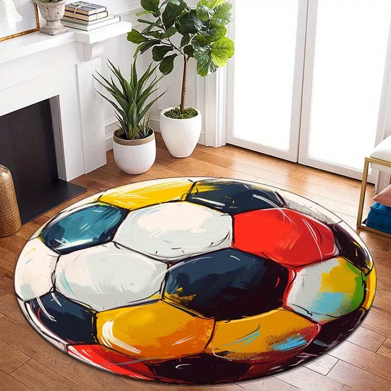 Sport Circular Floor Mat Bold Multicolor Paint Splash Soccer Ball Graffiti Printed Round Rug for Indoor Outdoor Sport Decor