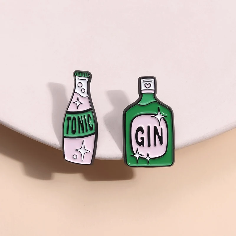 Wine Bottle Enamel Pins Custom GIN TONIC Brooches Backpack Clothing Lapel Badge Jewelry Gifts For Kids Friends