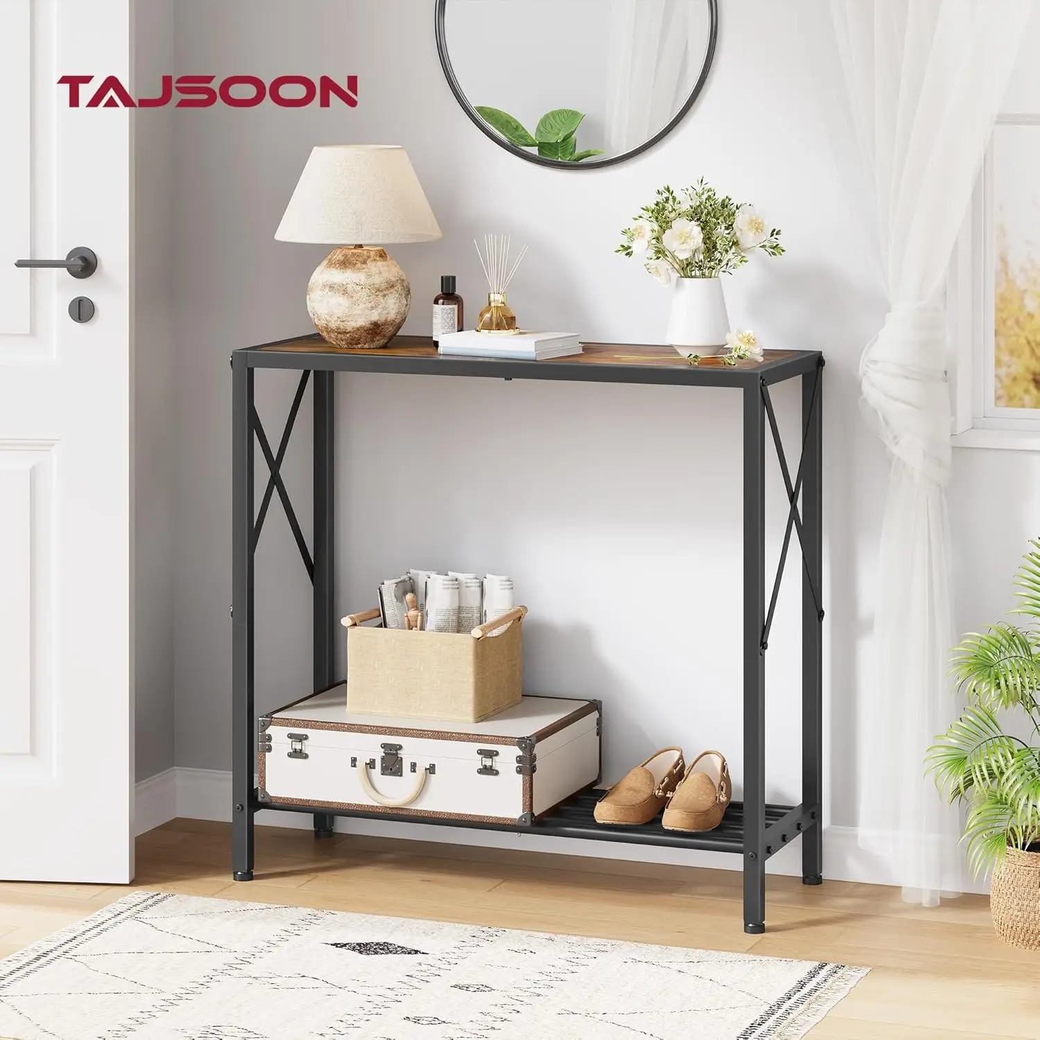 28.3''L Narrow Console Table with 2 Open Shelves, Rustic Brown for Entryway, Living Room, Office