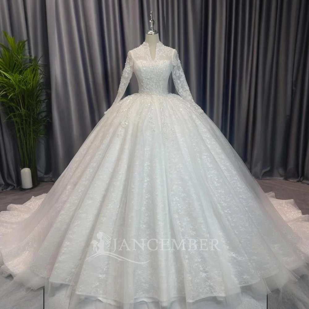 

Customized High Neck Long Sleeves Ball Gown Wedding Dresses Bridal Gown Sequins Beaded Sweep Train vestidos de novia boda