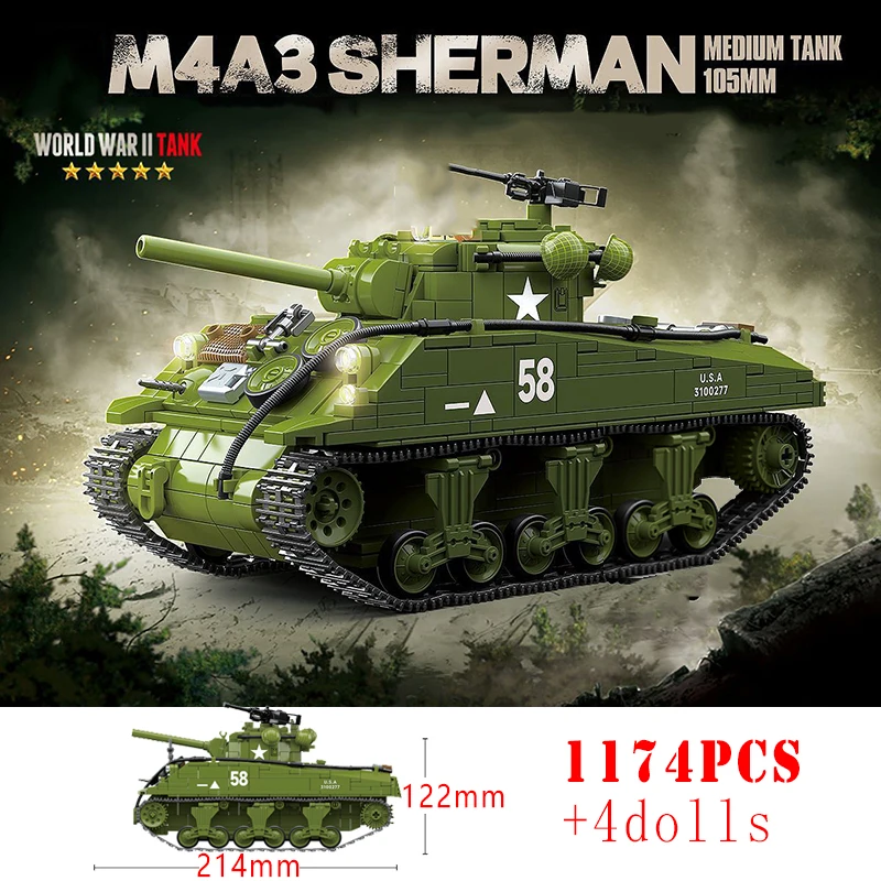 

100277 US Army Sherman M4A3 Medium Tank Armored Vehicle Building Blocks Toy for Boys