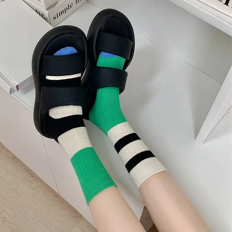 Retro Women\'s Socks Korean Style New Novelty Cotton Casual Mixed-Color Japanese Fashion AB Socks Comfort Striped Socks For Girls