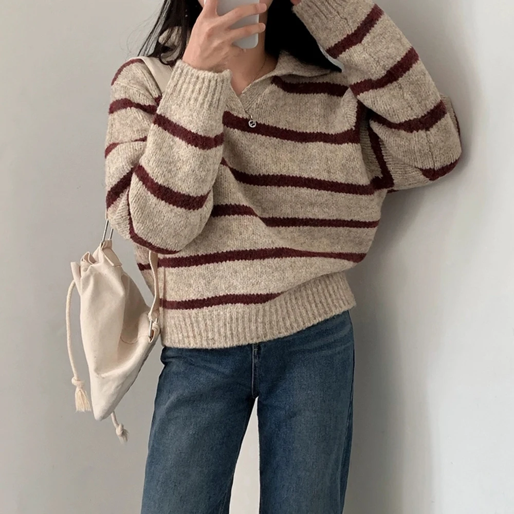 TWOTWINSTYLE Colorblock Casual Knitted Sweaters For Women Lapel Long Sleeve Slimming Stripe Sweater Female Fashion New Clothes