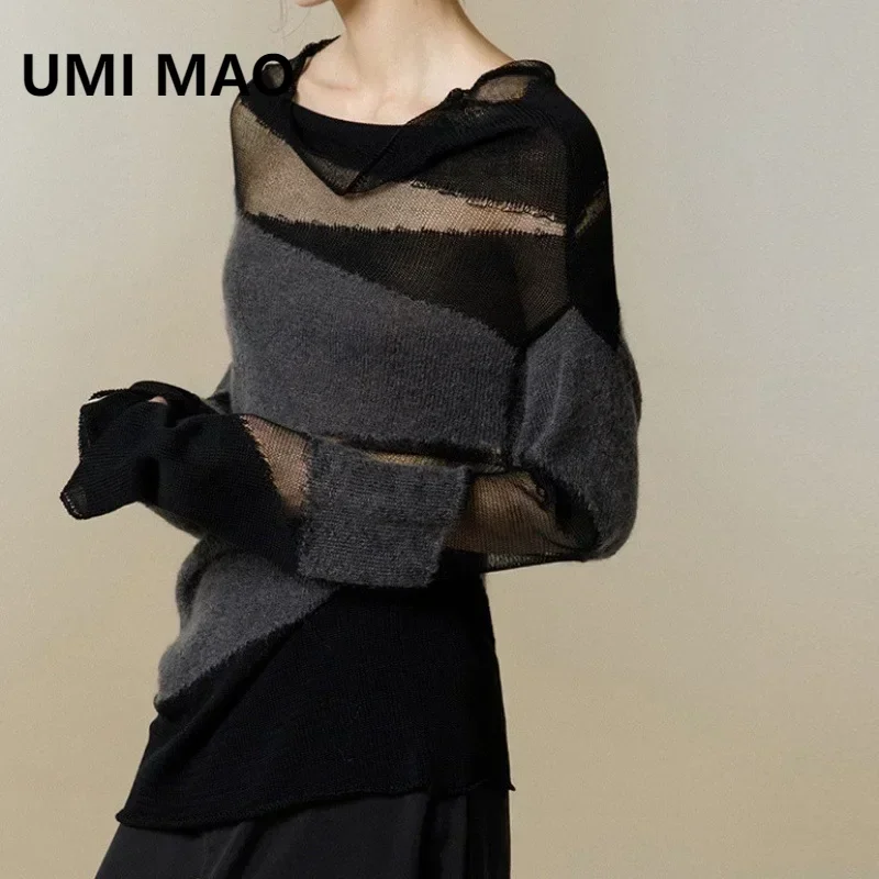 UMI MAO Spring Autumn New Top Mesh Patchwork High Collar Loose-fit Hollow Out Knitted Top Women\'s Autumn Thin Sweater