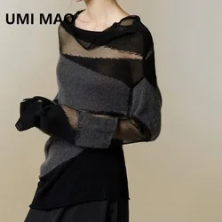 UMI MAO Spring Autumn New Top Mesh Patchwork High Collar Loose-fit Hollow Out Knitted Top Women's  Autumn Thin Sweater