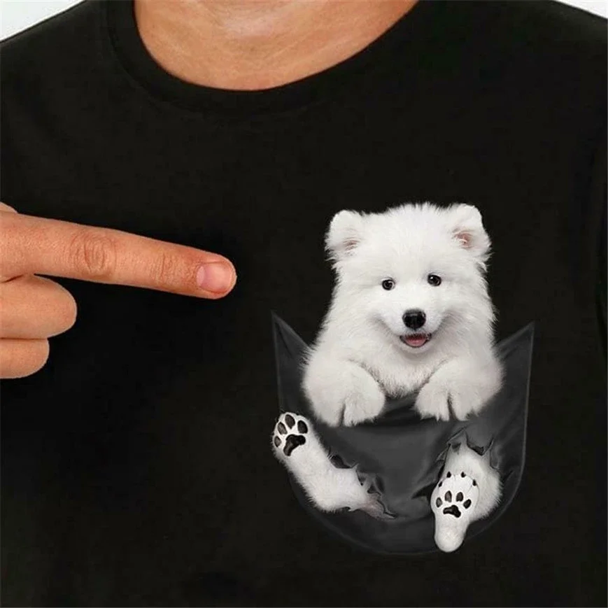 Samoyed In Pocket Cute Puppy Printed Dog Lovers Gift T-Shirt 100% Cotton O-Neck Short Sleeve Casual Mens T-shirt Size S-3XL