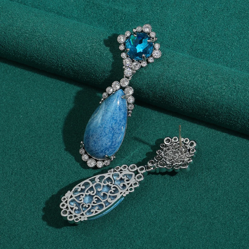 

Silver Color Vintage Blue Drop Earrings Hanging Crystal Texture Natural Stone For Woman 2026 Mothe's Day Retro Zircon Jewelry