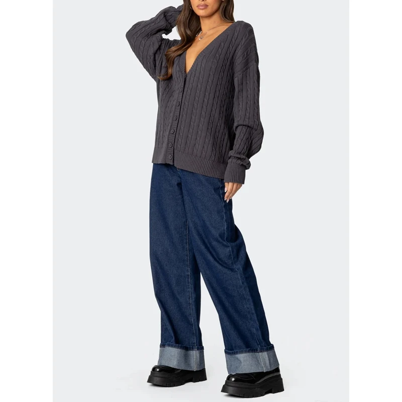 

Combhasaki Women Y2K Oversized V Neck Cardigan Vintage Long Sleeve Loose Cable Knit Button-Down Cardigan Sweater Cute Knitwear