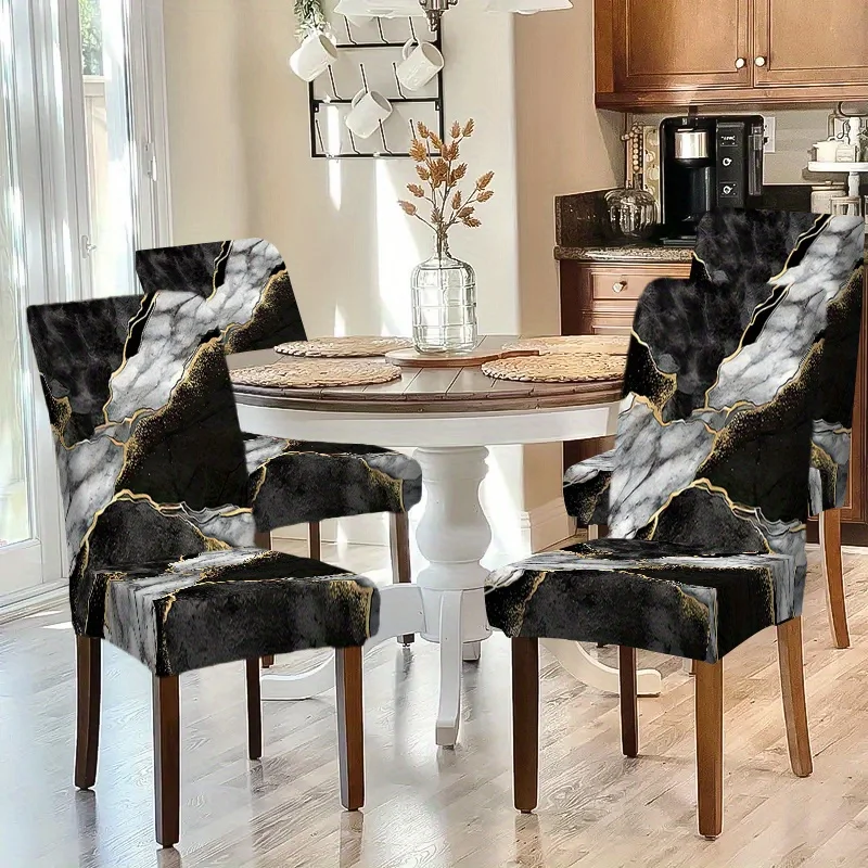 2/4/6pcs Luxury Black White Gold Marble Print Stretch Dining Chair Cover – Removable Washable Modern Elegant Slipcover