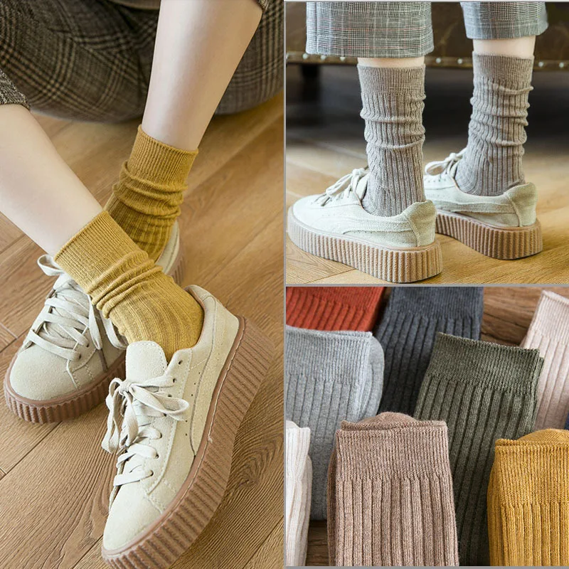 Casual Knitted Cotton Classic Fashion Socks Women Solid Loose Cute High School Girls Vintage High Socks Spring Summer Wholesale