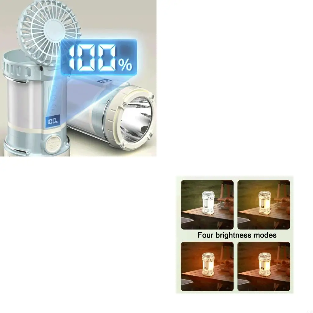 Portable Camping Fan and LED Lights with Digital Display 3 Wind Speeds 360Degrees Cooling ABS Texture for Outdoors