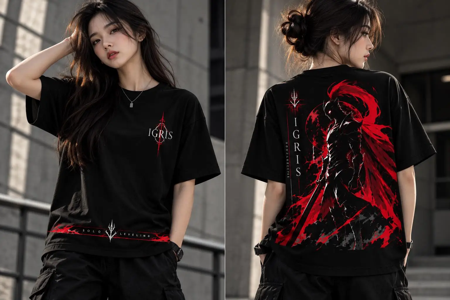 Dark Knight Warrior Double Sided Red Black Print T Shirt Unisex Retro Manhwa Graphic Oversized Loose Cotton Harajuku Streetwear