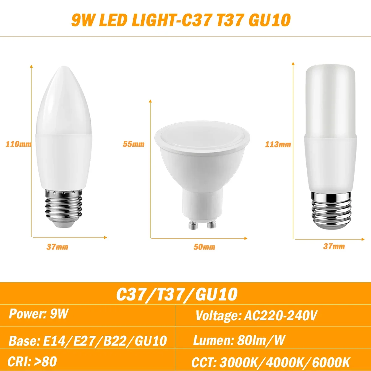 3PCS LED Light C37 T37 GU10 9W AC220-240V E14/E27/B22/GU10 High Lumen No Strobe Warm White Light for Indoor Lighting