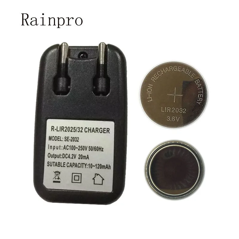 Rainpro 1 Bộ/lô (2 Chiếc LIR2032 + 1 Bộ Sạc) Sạc 3.6V Đồng Xu Cell Pin Lithium