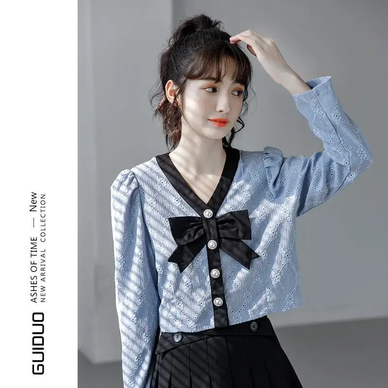 

Short V-neck Shirt Women's Long Sleeve Design Sense Niche 2021 New Bow Puff Sleeve French Style Early Autumn Top