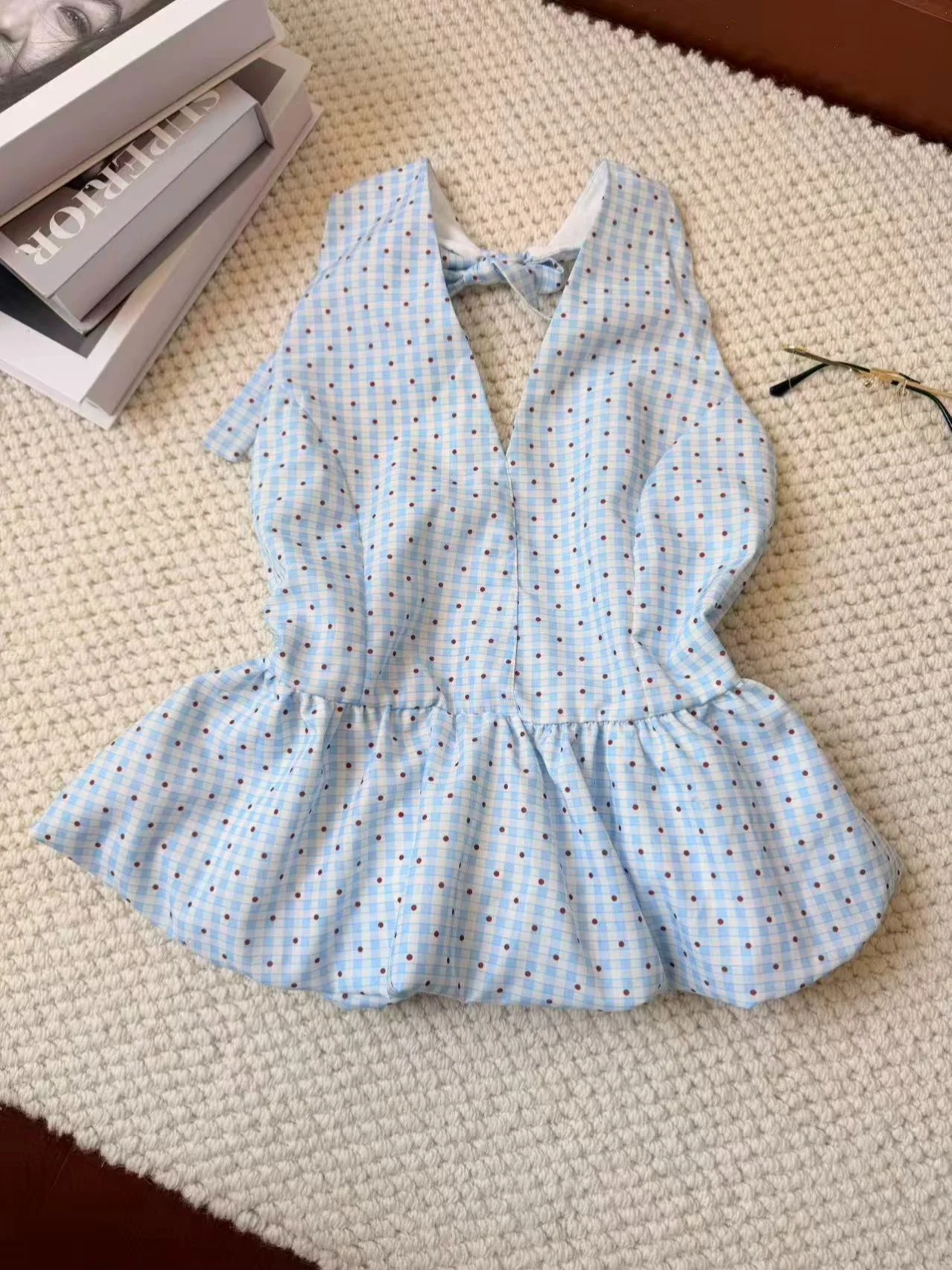 

Blue Strapless Vest Women's Summer New Style Polka Dot Bloom Outdoor Wear Shoulder Exposure Sleeveless Top Original Design Wa...