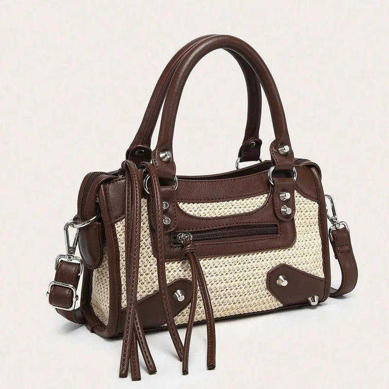 

Fashion Woven Bowling Tote Bag Versatile Casual Pillow Shoulder Bag Trendy Studded Underarm Bag Multi-layer Crossbody Bag