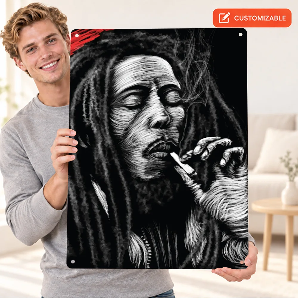 Bob Marley Portrait Textured Metal Poster Customized Aluminum Sign Monochrome Wall Art For Living Room Music Fan Birthday Gift