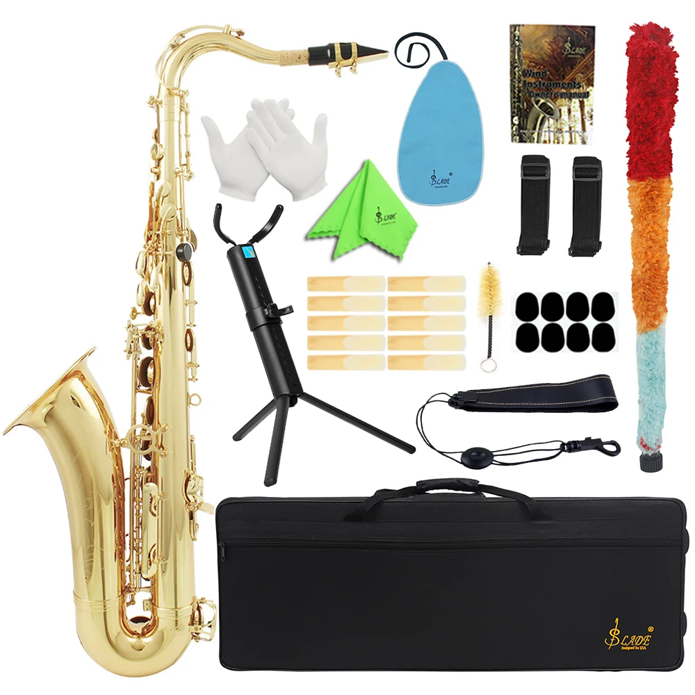 SLADE Bb Tenor Saxophone Brass Tenor Sax Professional Bb Saxophone with Cleaning Cloth Glove Reed Mouthpiece Accessories