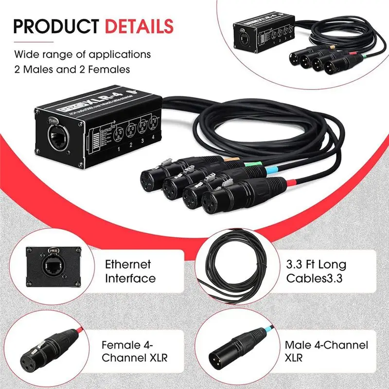 AED6-RJ45 To 4 Channel XLR Audio 3 Pin DMX Splitter For Snake Cable Network Extension For Stage Or Studio Recording