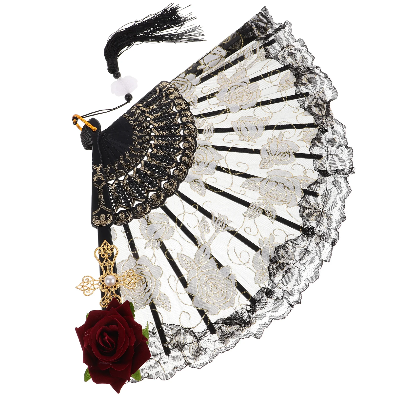 

Lace Folding Fan Black Handheld Floral Pattern Foldable Lightweight Fan for Women Renaissance Event Bridal Accessory Halloween