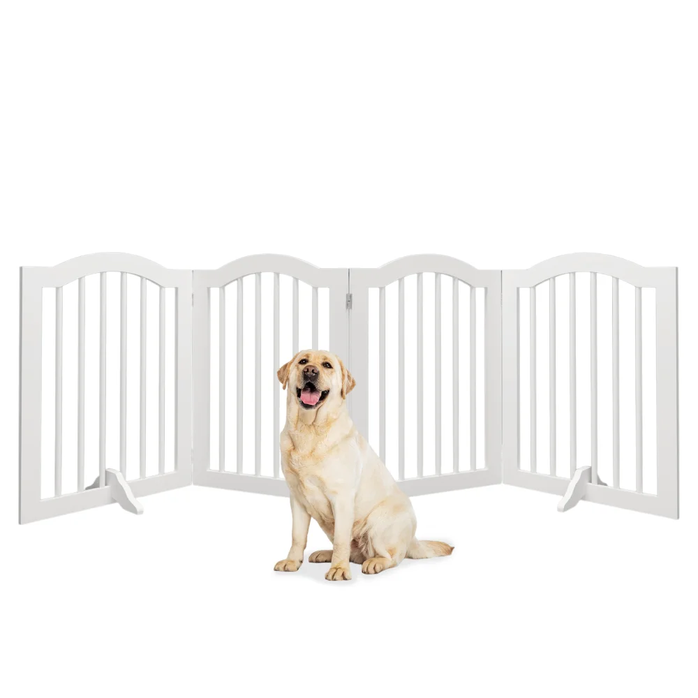 

27.6" Height Tall Freestanding Pet Gate, 4 Panels Foldable Dog Gate, Solid Wood Folding Safety Fence Wooden Dog Gate with 2 pcs