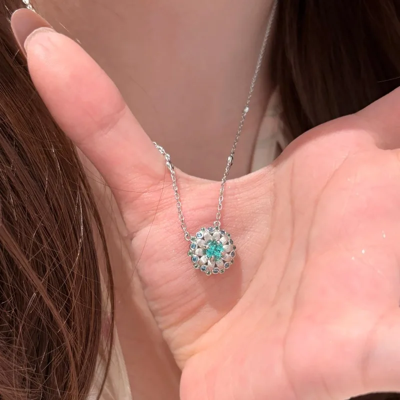 

Высокое качество матовый солнечный цветок ожерелье серебро 925 пробы свет роскошный инкрустированный бриллиантом Параиба драгоценный камень кулон свадебные украшения