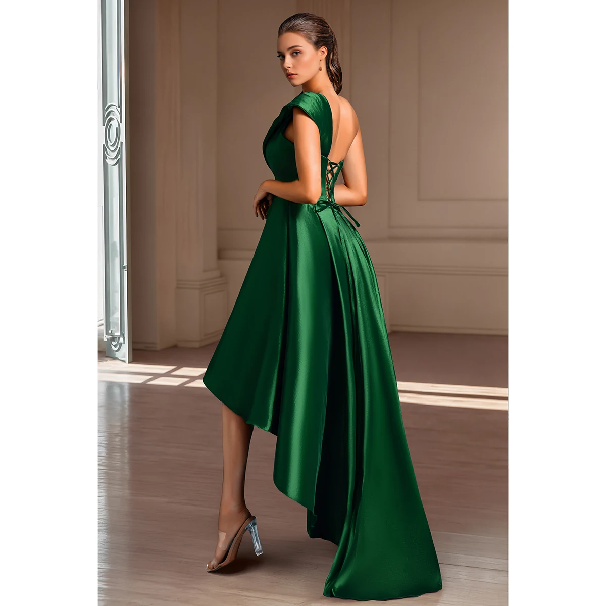 VIPGIRL Emerald Green One Shoulder Prom Dress Satin Corset High Low Lace Up Evening Gown