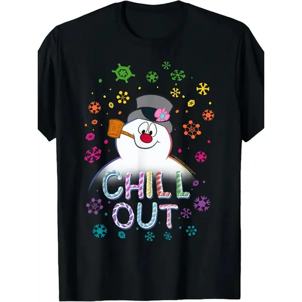[100% Cotton] Women'S Black Frosty The Snowman Chill Out Portrait T-Shirt - Vintage Snowman Graphic With 'CHILL OUT' Text - Soft Breathable Summer Tee - Machine Washable Casual Top For Christmas Parties & Everyday Winte Golf Gift T-Shirt For Men And Women