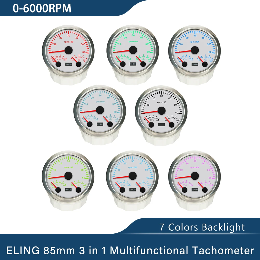 

ELING 85mm 3 in 1 Multifunctional 0-6000RPM 0-8000RPM Tachometer with Oil Pressure Water Temp 7 Colors Backlight for Car 9-32V
