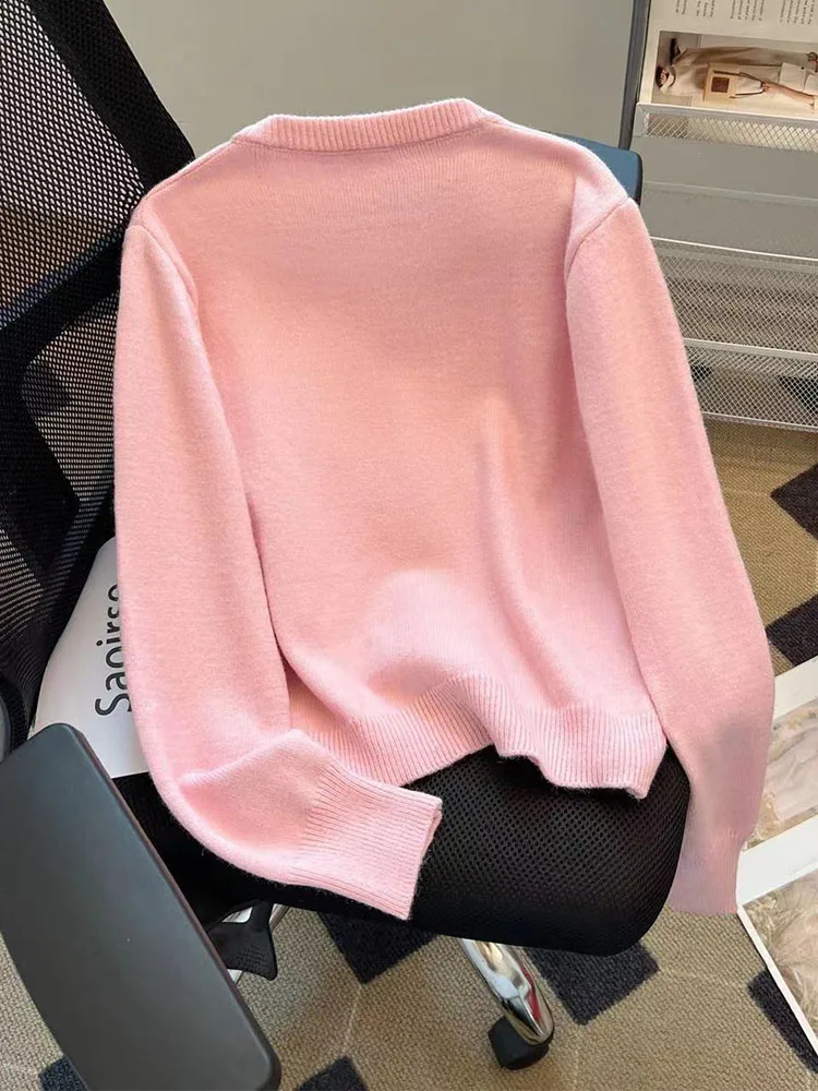 Harajuku Pink Knitted Cashmere Top Women Classical Loose O-Neck Sweet Cute Bow Cardigan Autumn Winter Sweater Korean Plus Size