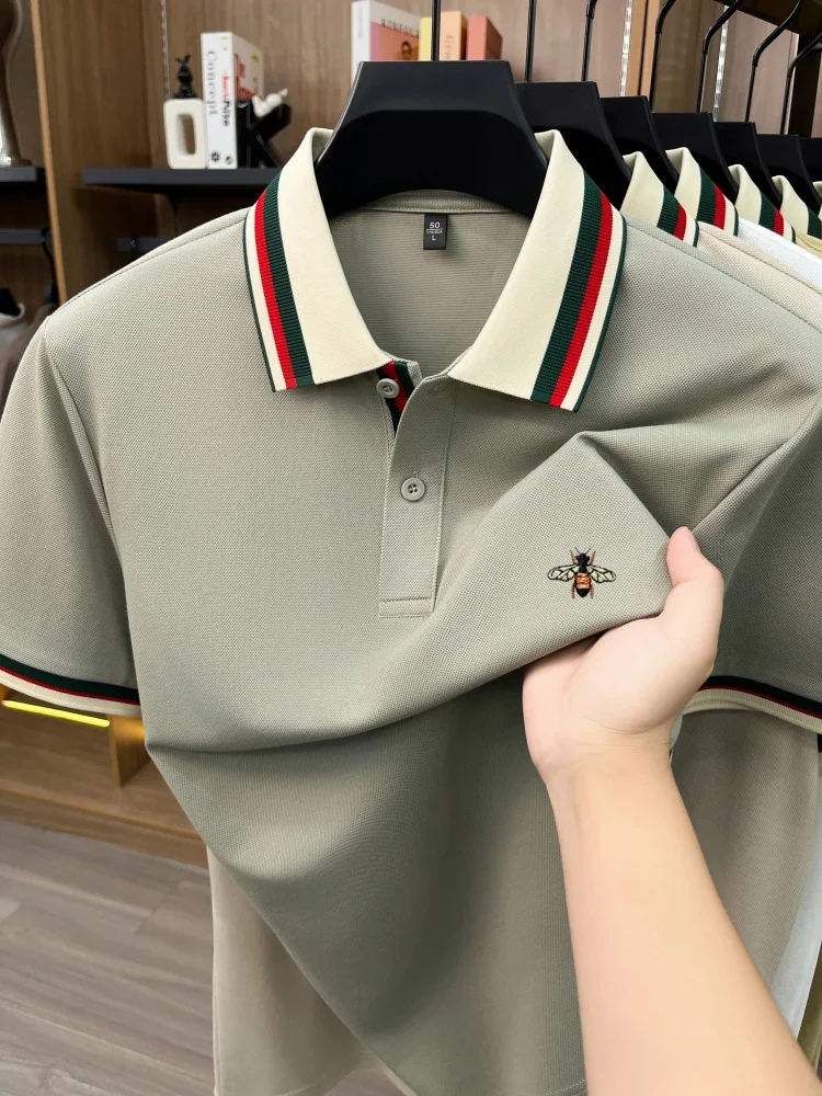 High-End Seide Baumwolle Kurzarm Herren POLO Shirt Sommer Mode Marke Boutique Bienen Stickerei Freizeit Business Flip-up T-Shirt – Detail 10
