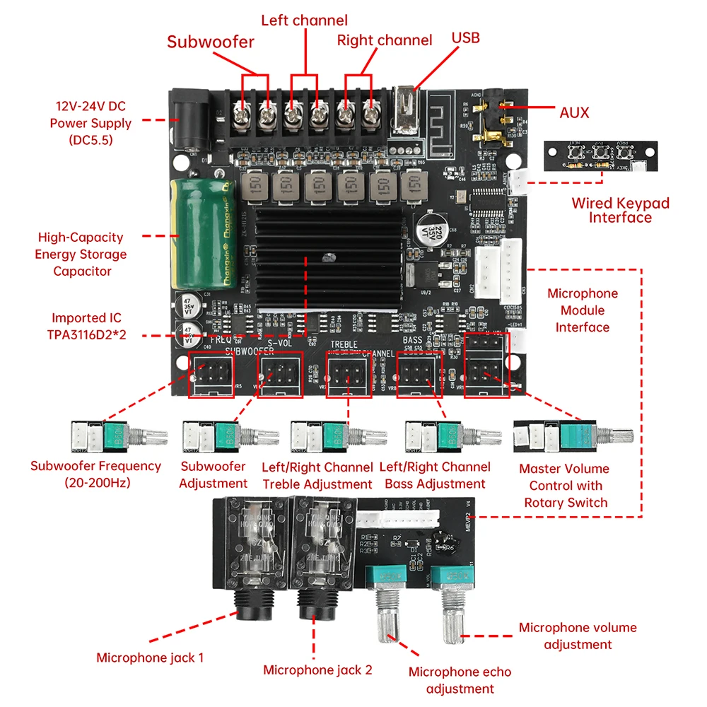 

DC12-24V Speaker Amplifier Board Leaded Power Amplifier Board Leaded Integrated Bluetooth Power Stereo Amplifier Board TPA3116D2
