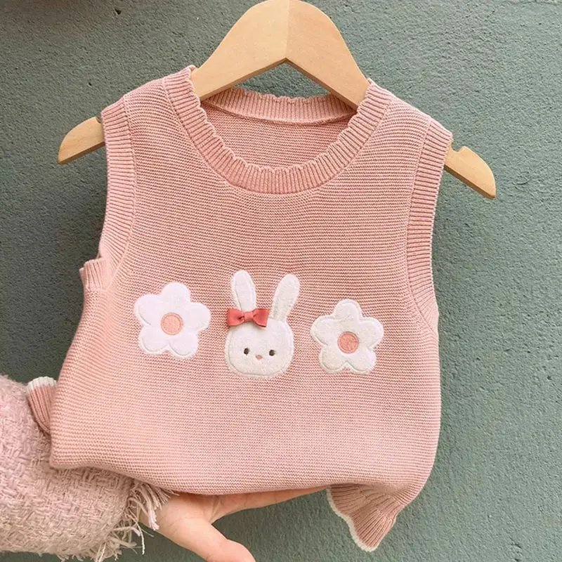 Toddler Baby Girl\'s O-Neck 100% Cotton Knitted Pullover Sweater Vest Kids Cute Rabbit Sleeveless Vest Coat fits 1-5Years