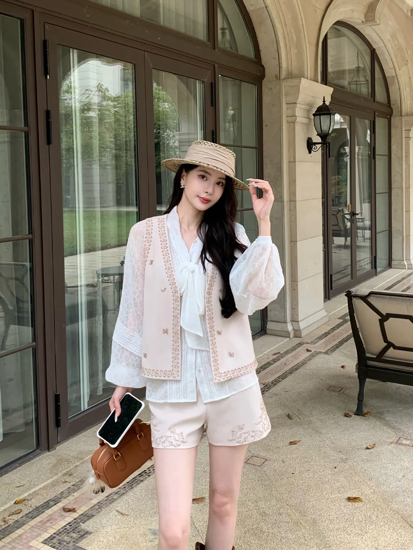 

Kun Total Women's Vest Set Vintage Brown ort Pants Two-Piece Suit Casual Sle Button Closure Spring Faion Ensemble