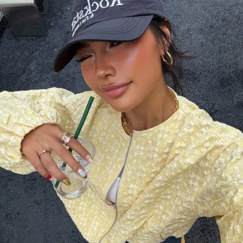 

Women's Long-Sleeve Jacquard Cropped Baseball Jacket European American Style Casual Cardigan Outerwear