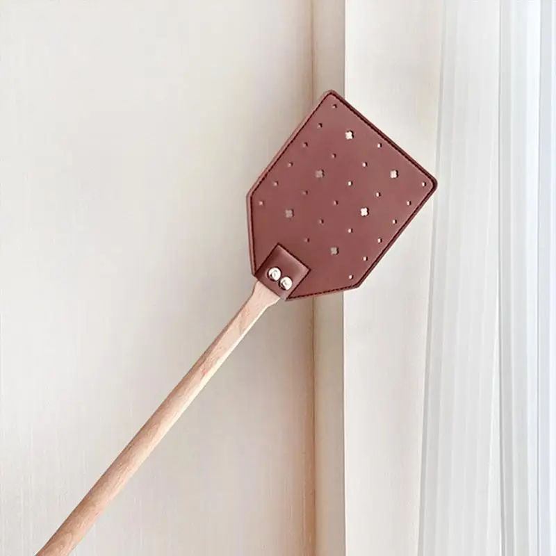 Leather Fly Swatter with Long Wood Handle Sturdy Durable Flyswatter for Indoor and Outdoor Pest Control Rustic Swatter