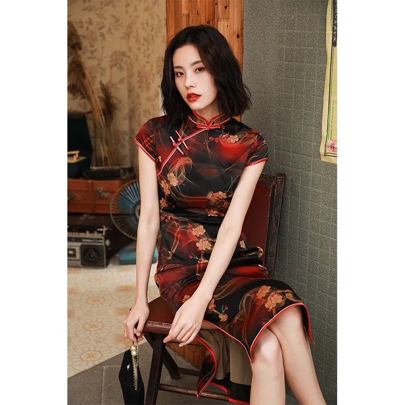 High Quality Real Silk Qipao Cheongsam Top Skirt Banquet Dress Lady Printed Old Shanghai Modified Version