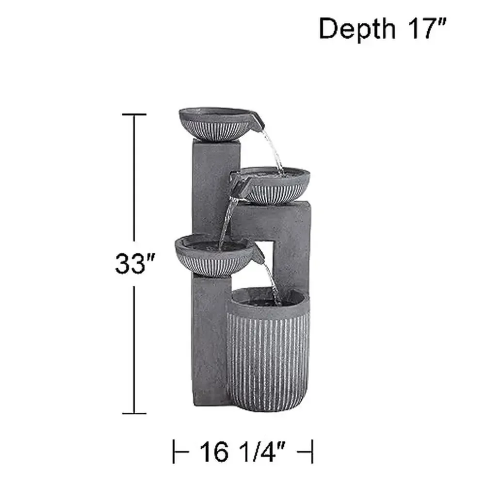 نافورة مياه أرضية خارجية حديثة مكونة من 4 أوعية مع ضوء LED مقاس 33 بوصة، فناء حديقة، سطح المنزل، الفناء الخلفي، الحديقة، الشرفة، الطاقة