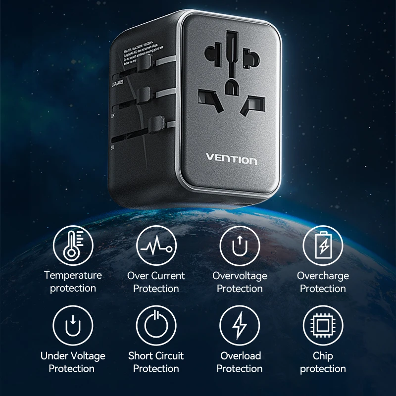 Универсальный дорожный адаптер GaN Vention 20 Вт с USB и типом C, международный адаптер для быстрой зарядки, вилка стандарта ЕС/Великобритании/США/Австралии для путешествий