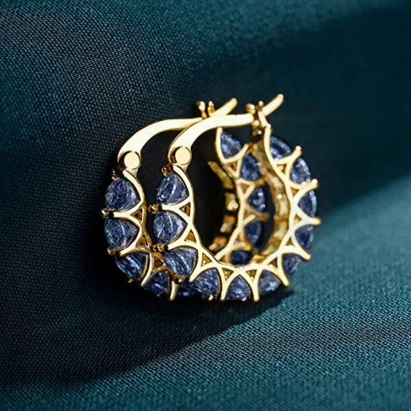Stainless Steel Classic Fashion Full Zircon Shiny Gold Color Hoop Earrings for Women Charm Blue Crystal Bride Jewelry Colorfast
