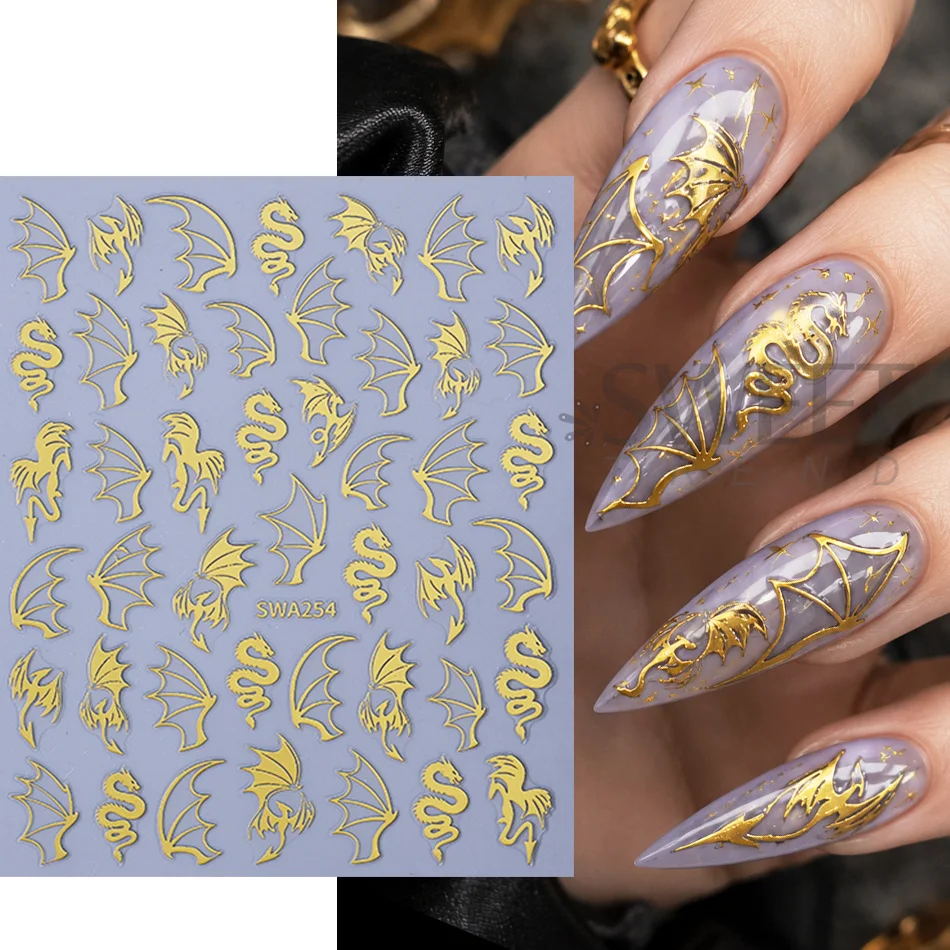 4/6pcs Devil Dragon Wing Nail Art Stickers Metal Gold Laser Bat Wing Gothic Nail Decals Slider DIY Halloween Manicure Decoration